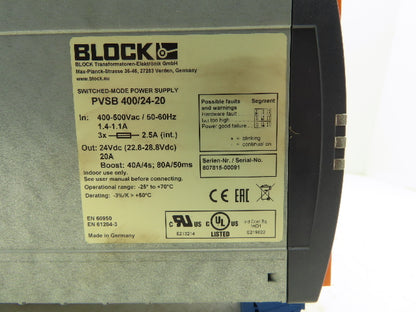 Block PVSB 400/24-20 24VDC Switched Mode Power Supply 400-500VAC 3Ph Input