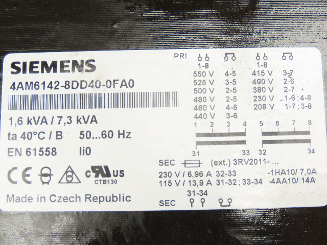 Siemens SIDAC-T 1Ph Transformer 1.6/7.3kVA 208-550V Primary 115/230V Secondary