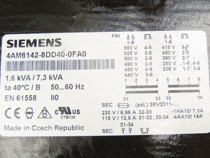 Siemens SIDAC-T 1Ph Transformer 1.6/7.3kVA 208-550V Primary 115/230V Secondary