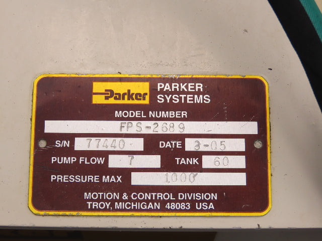 Parker FPS-2689 Hydraulic Power Unit 1000PSI 7GPM 60 Gallon Tank 230/460V 3Ph