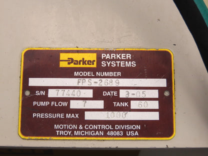 Parker FPS-2689 Hydraulic Power Unit 1000PSI 7GPM 60 Gallon Tank 230/460V 3Ph