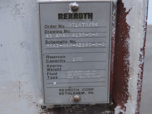 Rexroth 971670/84 Hydraulic Power Unit 1250PSI 33GPM 60 Gallon Tank 230/460V 3Ph