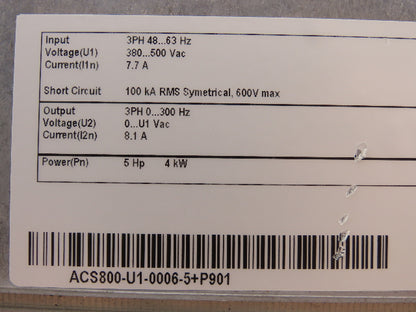 ABB ACS800-U1-0006-5+P901 Variable Speed AC Drive VFD 4kw 5Hp 480V 3PH