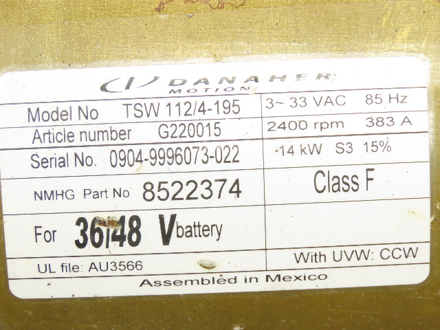 Danaher Motion TSW 112/4-195 DC Hydraulic Pump Motor 36/48V Off ERC040AHN36TE082