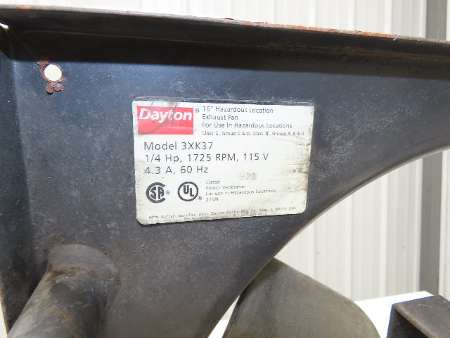 Dayton 3XK37 16" Exhaust Fan 1/4Hp 1725rpm 115V 1PH Haz Loc Motor 20"Sq Frame