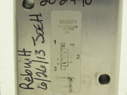 Norgren 8020871 Pneumatic Solenoid Valve 3/2-Pos 150 PSI Missing Coil Lot of 2