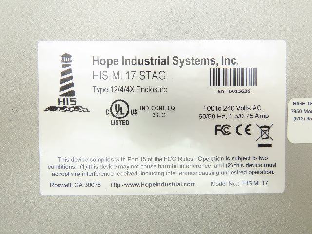 Hope Industrial Systems HIS-ML17-STAG Touch Screen 17" Control Panel 100-240VAC