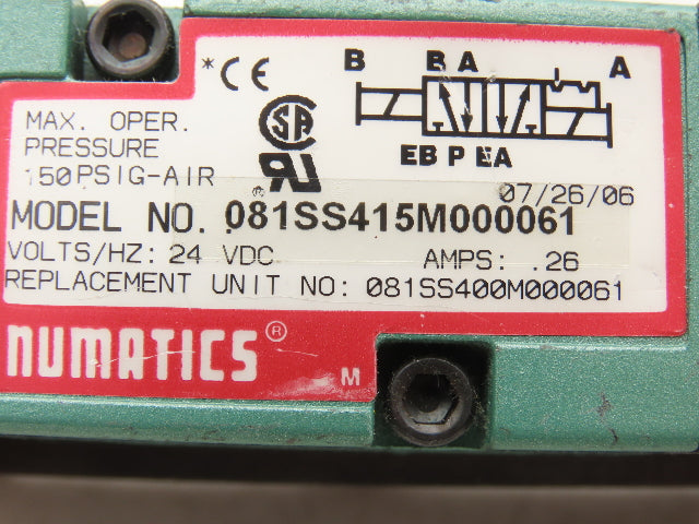 Numatics 081SS415M000061 Pneumatic Solenoid Valve 24 VDC 150 PSIG W Manifold