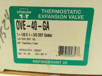 Sporlan OVE-40-GA Expansion Valve Ext 40T R22 5' Tube 1-1/8"x1-3/8" ODF