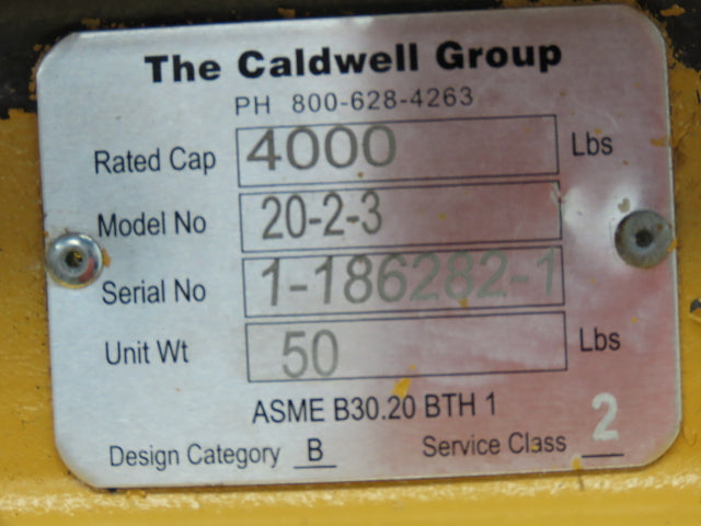 Caldwell 20-2-3 4000 Lb 2 Ton Rigging Lifting Beam 24-36" Spread Low Headroom