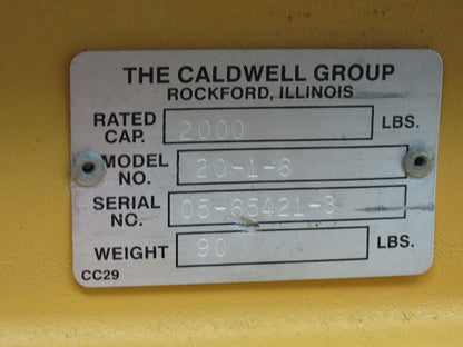 Caldwell 20-1-6 2000Lb 1 Ton Rigging Lifting Beam 48-72" Spread Low Headroom
