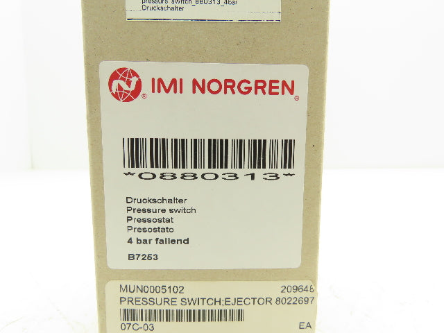 Norgren 0880313 Pressure Switch Monitors Gas/Air 1/2" Port Size 9-120 PSI Preset