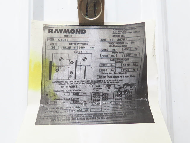 Raymond Forklift Operator Center Foam Backrest Removed From 425-C40TT