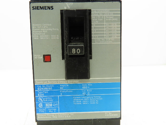Siemens ED43B080 SENTRON 80A Circuit Breaker 480V 3-Pole