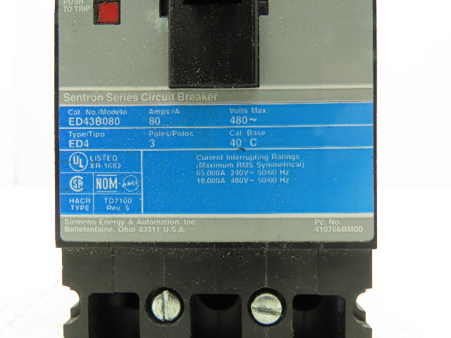 Siemens ED43B080 SENTRON 80A Circuit Breaker 480V 3-Pole