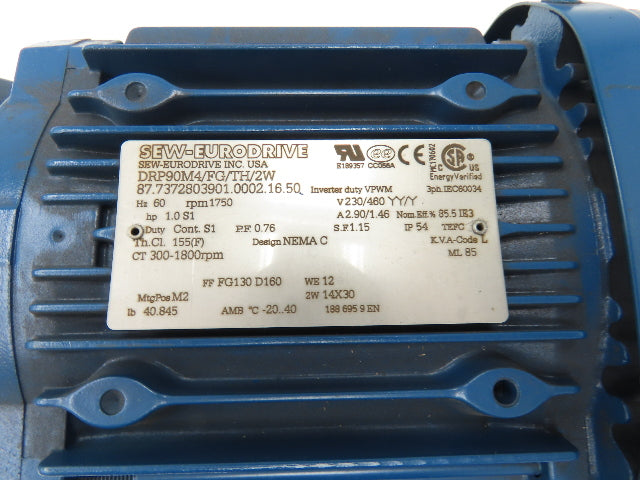 Sew Eurodrive DRP90M4/FG/TH/2W AC Motor 1Hp 1750 RPM 230/460V 3PH 90M Metric