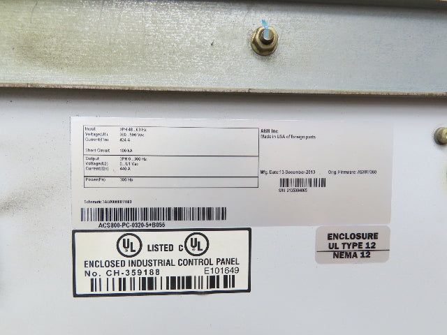 ABB ACS800-U4-0320-5+E210+P901 VFD Variable Speed AC Drive 350Hp 480V 3Ph
