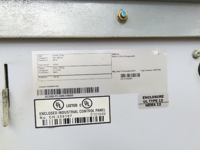 ABB ACS800-PC-0320-5+B055 VFD Variable Speed AC Drive 350Hp 480V 3Ph Cabinet