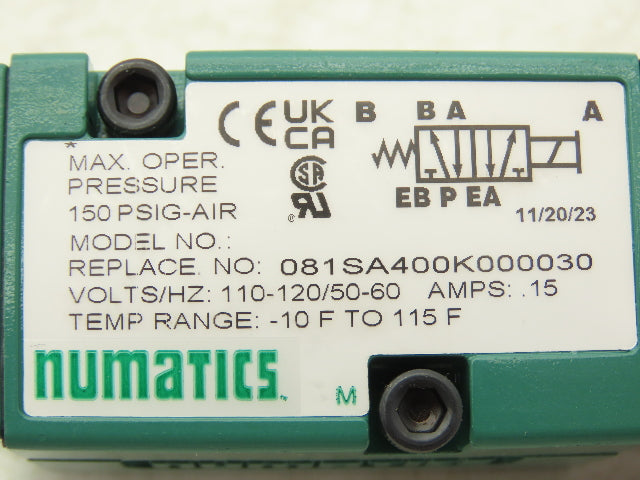 Numatics 081SA400K000030 Pneumatic Solenoid Valve 150PSIG 110-120V/50-60Hz