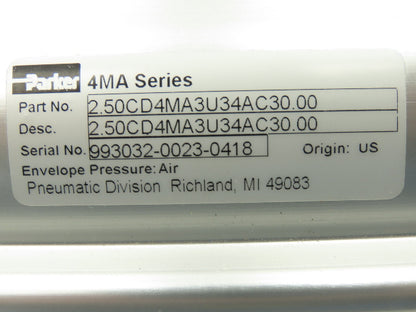 Parker 2.50CD4MA3U34AC30.00 Pneumatic Cylinder 2.5" Bore x 30" Stroke 250 PSIG