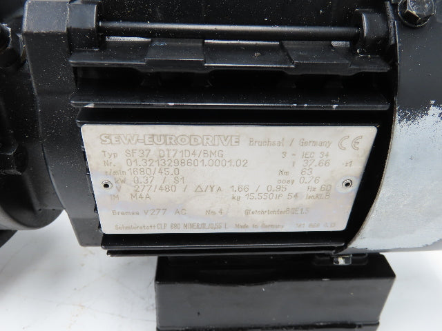 Sew Eurodrive SF37 DT71D4/BMG Gearmotor 37.6 Ratio 45rpm .37kw 277/480V 3PH
