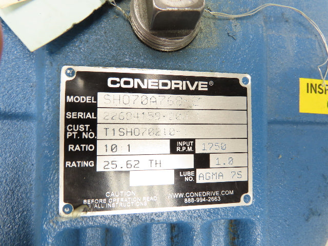 Cone Drive SHO70A768-2 Worm Gearbox 10:1 Reducer 25Hp 175 RPM 4.43" Hollow Shaft