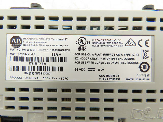 Allen Bradley 2711R-T4T PanelView 800 HMI Control Terminal 4" Touch Screen Ser A