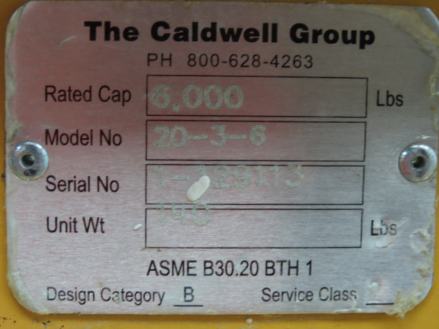 Caldwell 20-3-6 6000Lb 3 Ton Rigging Lifting Beam 48-72" Spread Low Headroom