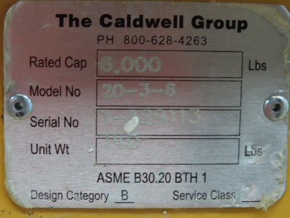 Caldwell 20-3-6 6000Lb 3 Ton Rigging Lifting Beam 48-72" Spread Low Headroom