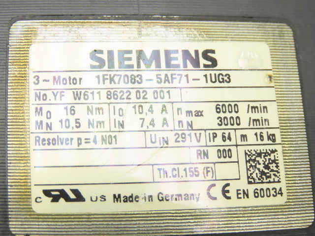 Siemens 1FK7083-5AF71-1UG3 AC Servo Motor 3.3kw 3000 RPM 291V 3PH