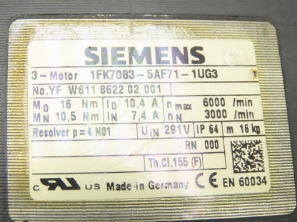 Siemens 1FK7083-5AF71-1UG3 AC Servo Motor 3.3kw 3000 RPM 291V 3PH