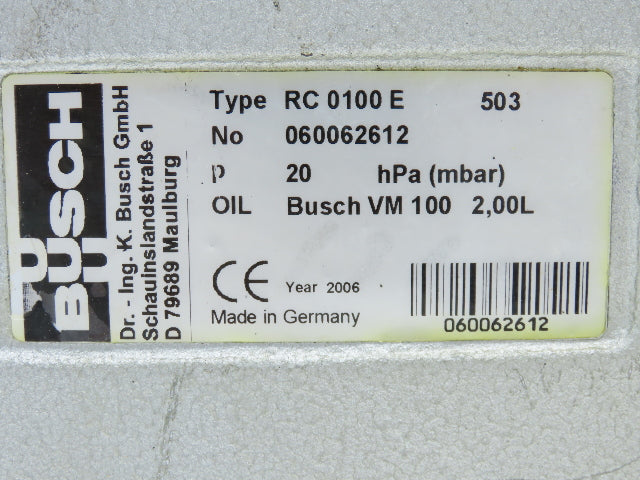 Busch RC 0100E Rotary Vane Vacuum Pump 63cfm 20mbar 3kw 230/480V 3PH