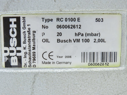 Busch RC 0100E Rotary Vane Vacuum Pump 63cfm 20mbar 3kw 230/480V 3PH