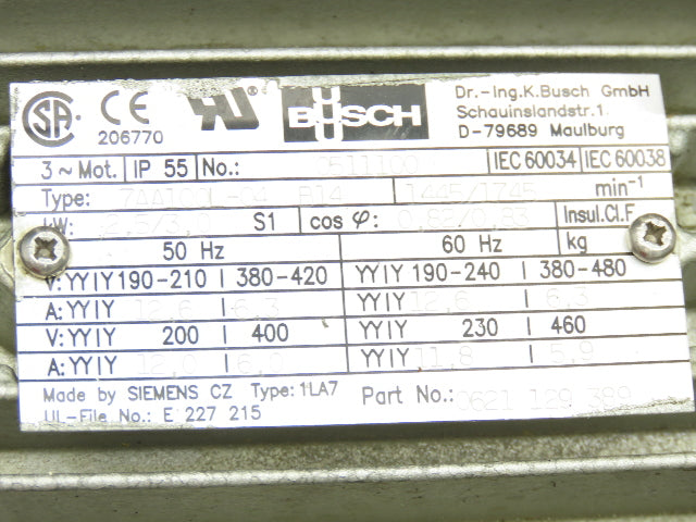 Busch RC 0100E Rotary Vane Vacuum Pump 63cfm 20mbar 3kw 230/480V 3PH
