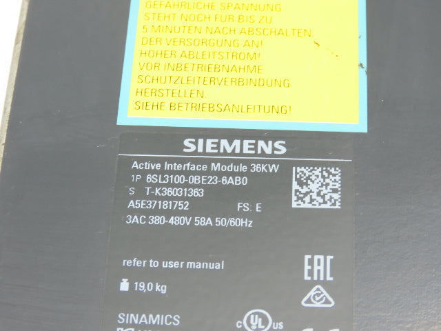 Siemens 6SL3100-0BE23-6AB0 Sinamics Servo Drive 3AC 480V 58A Active Interface