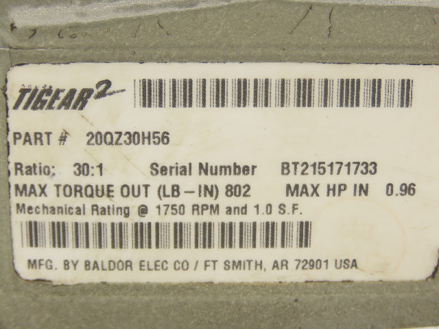 Dodge Tigear 2 20QZ30H56 E-Z Kleen Worm Gearbox 30:1 58rpm 1Hp 56C Hollow Shaft