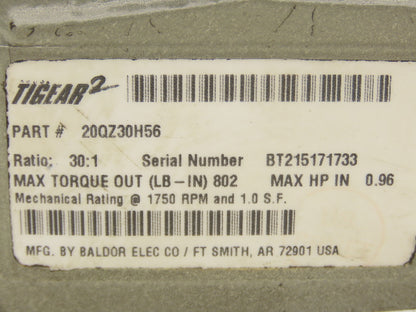 Dodge Tigear 2 20QZ30H56 E-Z Kleen Worm Gearbox 30:1 58rpm 1Hp 56C Hollow Shaft