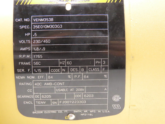 Baldor VENM3538 Super-E AC Motor 1/2Hp 1765 RPM 230/460V 3PH 56C TENV