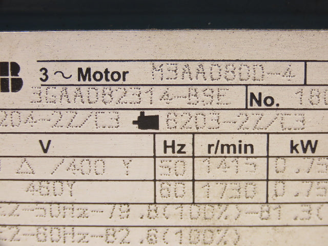 ABB 3GAADB2314-BSE AC Motor .75kw 1730 RPM 230/480V 3PH IEC 80 Metric Frame