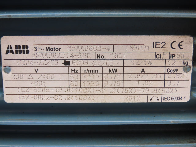 ABB 3GAADB2314-BSE AC Motor .75kw 1730 RPM 230/480V 3PH IEC 80 Metric Frame