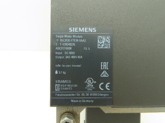 Siemens 6SL3120-1TE26-0AA3 SINAMICS Servo Drive Single Motor Module 400V 60A