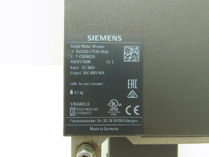 Siemens 6SL3120-1TE26-0AA3 SINAMICS Servo Drive Single Motor Module 400V 60A