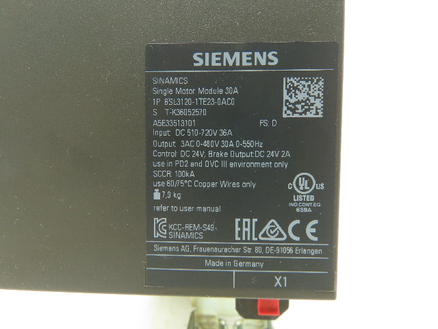 Siemens 6SL3120-1TE23-0AC0 SINAMICS S120 Servo Drive Single Motor 400V 30A