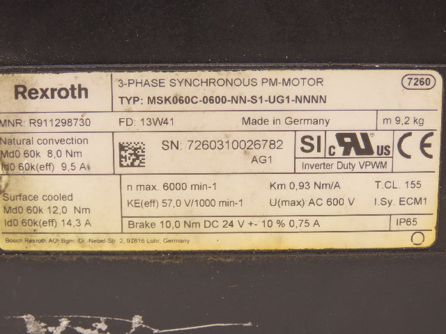 Rexroth MSK060C-0600-NN-S1-UG1-NNNN Servo Motor 600V 3PH Permanent Magnet