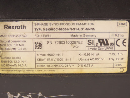 Rexroth MSK060C-0600-NN-S1-UG1-NNNN Servo Motor 600V 3PH Permanent Magnet