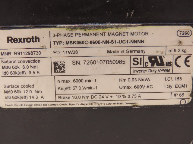 Rexroth MSK060C-0600-NN-S1-UG1-NNNN Servo Motor 600V 3PH Permanent Magnet -Plug