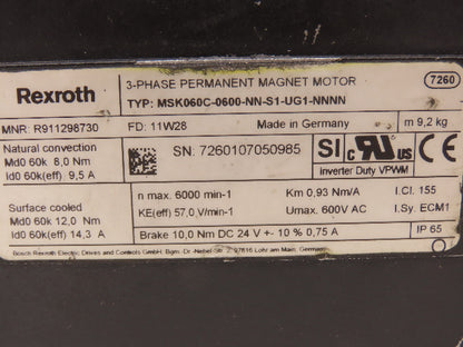 Rexroth MSK060C-0600-NN-S1-UG1-NNNN Servo Motor 600V 3PH Permanent Magnet -Plug