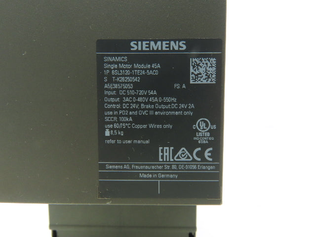 Siemens 6SL3120-1TE24-5AC0 SINAMICS S120 Servo Drive Single Motor 400V 45A