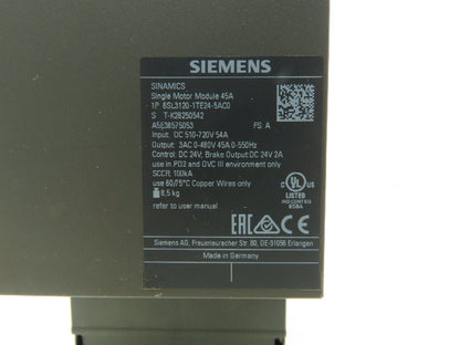 Siemens 6SL3120-1TE24-5AC0 SINAMICS S120 Servo Drive Single Motor 400V 45A