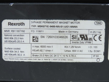 Rexroth MSK071E-0450-NN-S1-UG1-NNNN Servo Motor 600VAC 3PH Permanent Magnet